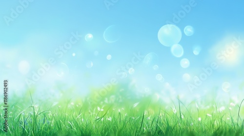 Beautiful sunny spring meadow with green grass and blue sky. Abstract background with light bokeh and space for text