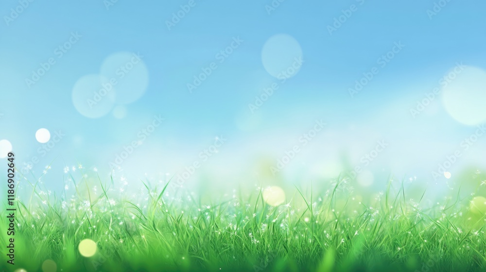 Beautiful sunny spring meadow with green grass and blue sky. Abstract background with light bokeh and space for text Beautiful sunny spring meadow with green grass and blue sky. Abstract background with light bokeh and space for text