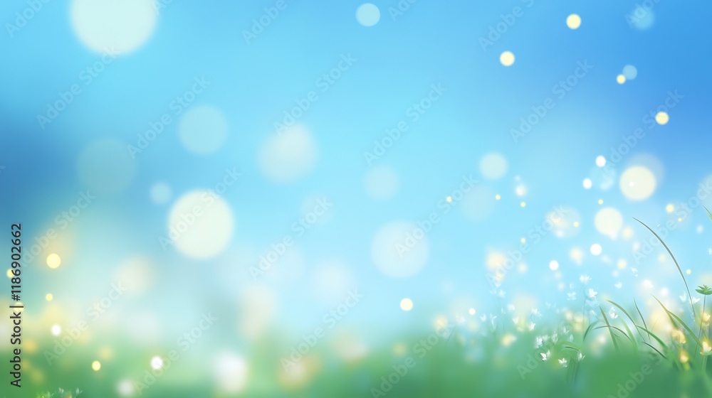 Obraz premium Beautiful sunny spring meadow with green grass and blue sky. Abstract background with light bokeh and space for text