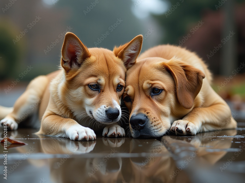 A Sad Cat And Dog Are Lying Together Outside On A Rainy Day In A Heartwarming Display Of Friendship And Companionship Suddenly. 00002 A Sad Cat And Dog Are Lying Together Outside On A Rainy Day In A Heartwarming Display Of Friendship And Companionship Suddenly. 00002