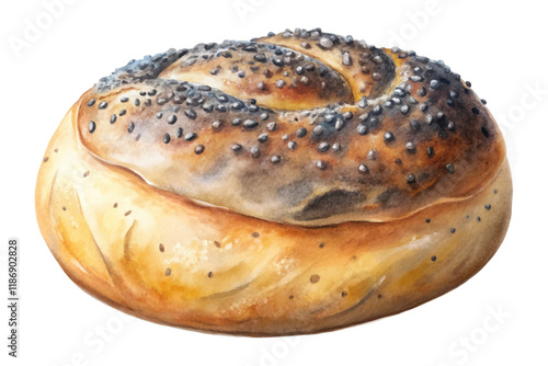 Freshly baked bread, golden crust, poppy seeds, artisanal style, food illustration, delicious texture, bakery product.