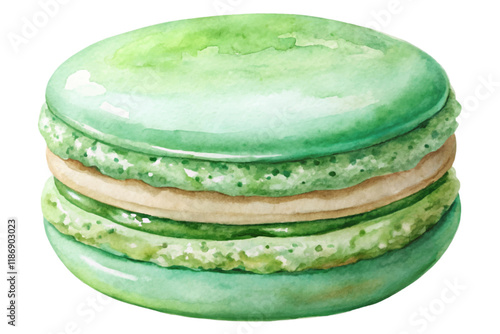 Green macaron dessert, watercolor illustration, sweet pastry art, gourmet food styling, delicious treat design.