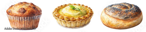Fresh baked goods, watercolor illustration, muffin, tart, bagel, delicious pastries, vibrant colors, food art.