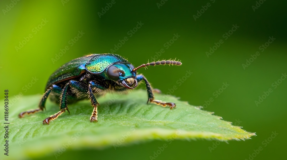Closeup of beetle on green leaf showcasing detailed colors and textures of insect : Generative AI Closeup of beetle on green leaf showcasing detailed colors and textures of insect : Generative AI