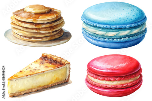 Delicious watercolor desserts, pancakes with syrup, colorful macarons, creamy cheesecake slice, vibrant food illustration.