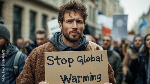 Man holding a sign about climate change during a protest in a city street filled with supporters advocating for environmental action photo