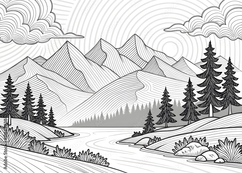 Fototapeta premium Monochrome Mountain River Landscape Nature Illustration