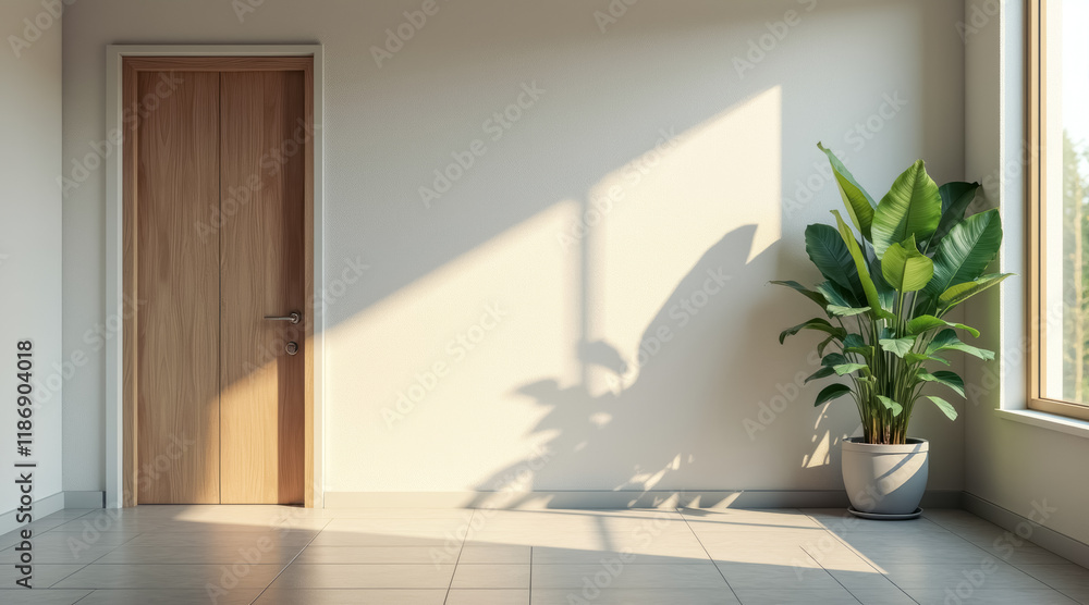 Fototapeta premium sunlit room with wood door potted plant