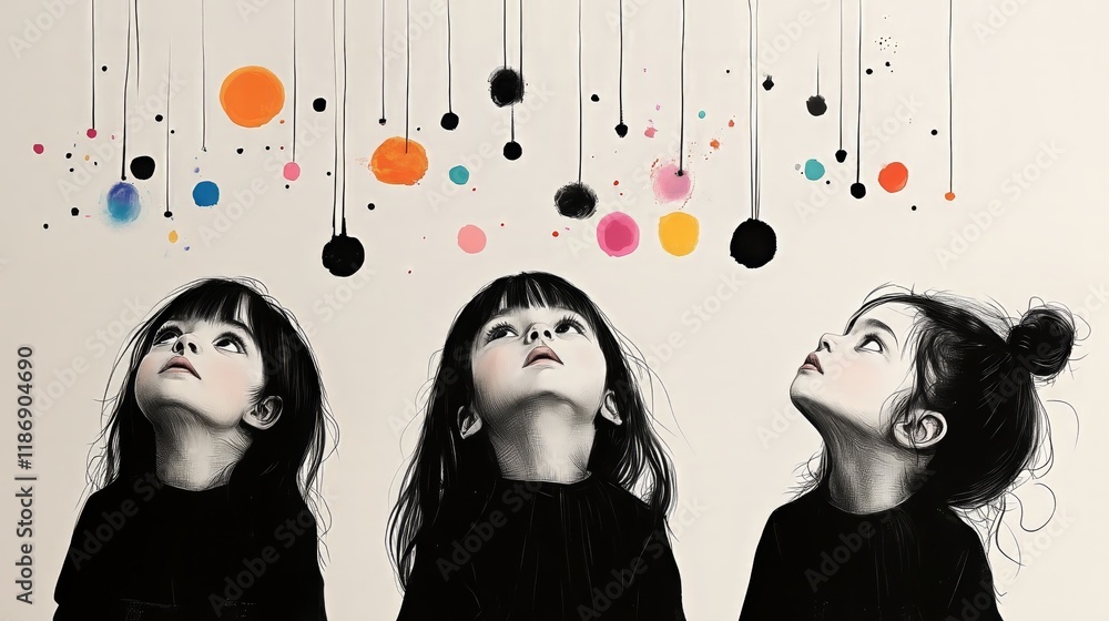 Curious children looking up at colorful splashes and hanging dots Curious children looking up at colorful splashes and hanging dots