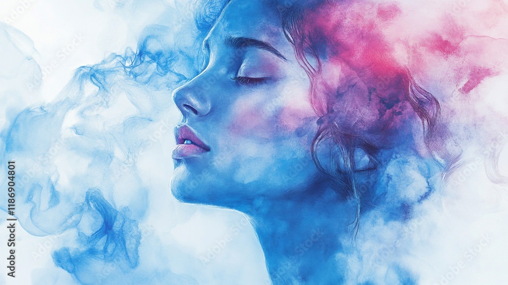 Serene woman's face enveloped in blue and pink smoke. Serene woman's face enveloped in blue and pink smoke.