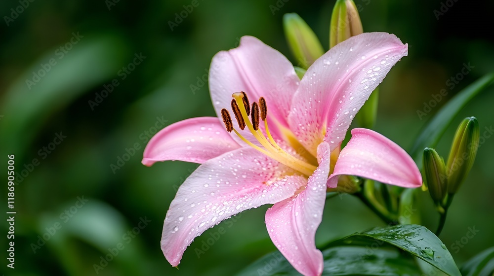 Closeup of Dew Covered Pink Lily Flower in Bloom with Green Leaves : Generative AI Closeup of Dew Covered Pink Lily Flower in Bloom with Green Leaves : Generative AI