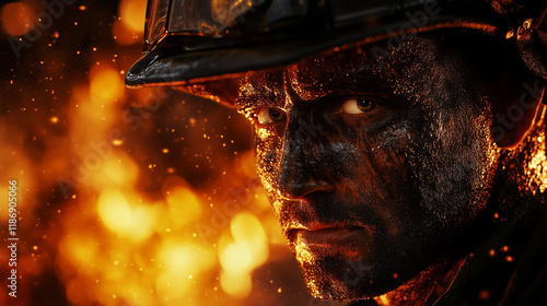 Close-up of firefighter with soot on face showcasing determination during a challenging rescue amidst flames at night photo