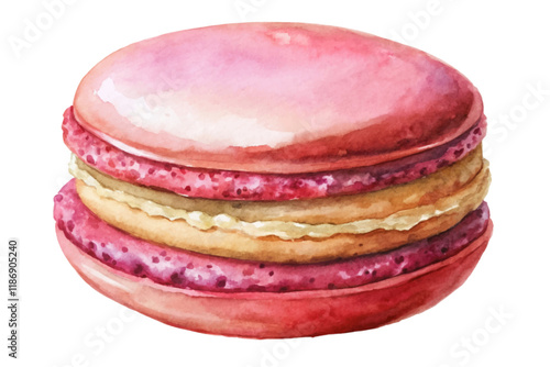 Pink macaroon dessert, watercolor illustration, sweet pastry art, gourmet food styling, bakery treat design.