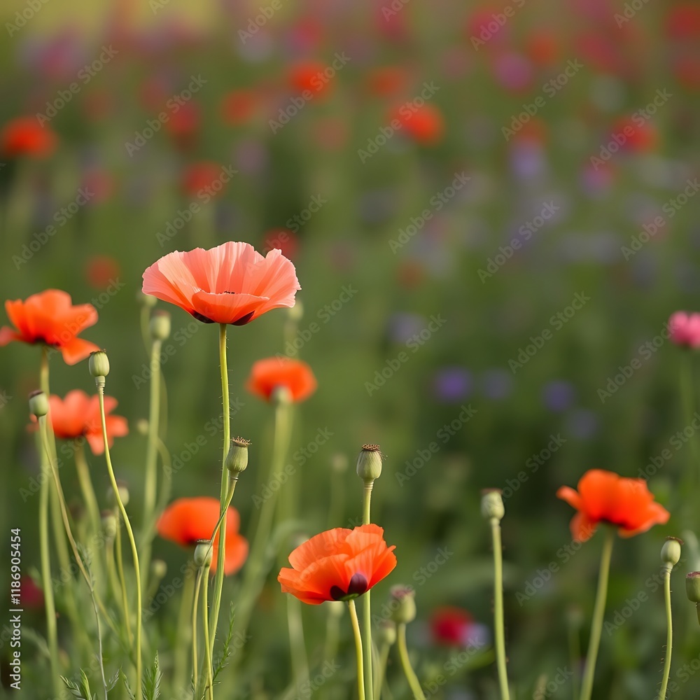 Fototapeta premium Orange poppies blooming in a field.
