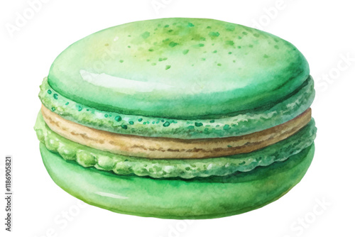 Green macaron dessert, watercolor illustration, sweet pastry art, gourmet food styling, delicious treat design.