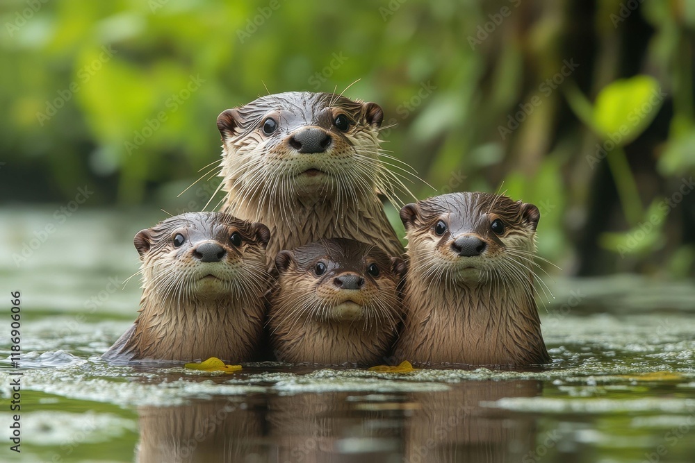Four otters swim together in serene water amidst lush greenery in the early morning light Four otters swim together in serene water amidst lush greenery in the early morning light