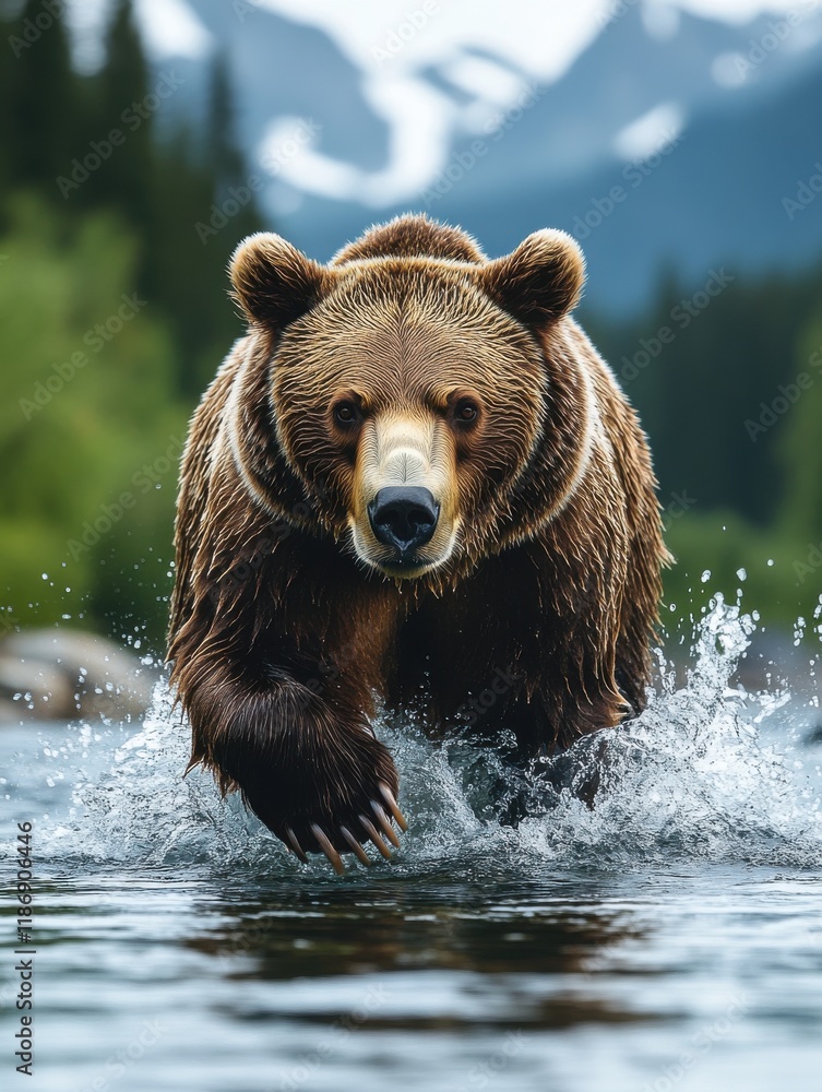 Grizzly bear splashing through river in mountainous landscape during daytime Grizzly bear splashing through river in mountainous landscape during daytime