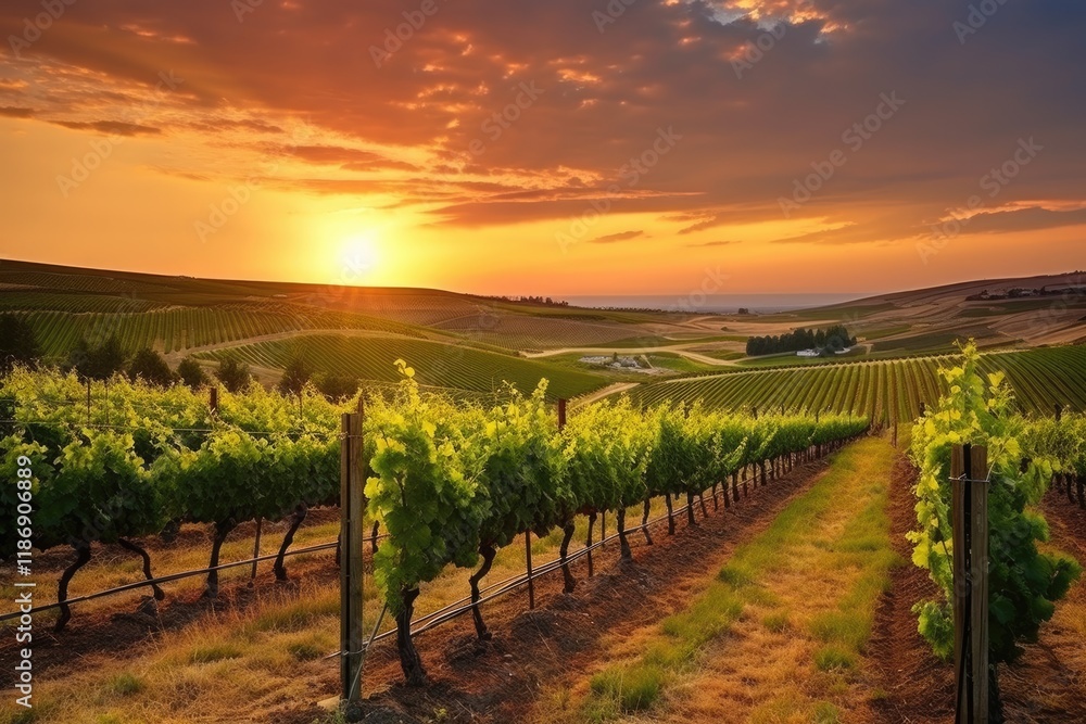 Fototapeta premium Washington State Winery at Sunset - Stunning Vineyard Landscape with Rows of Grapes in the Background