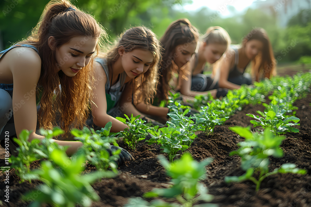 A young woman planting a sapling in a community garden, wearing gloves and a green apron. Volunteers in the background are also engaged in tree planting, symbolizing teamwork A young woman planting a sapling in a community garden, wearing gloves and a green apron. Volunteers in the background are also engaged in tree planting, symbolizing teamwork