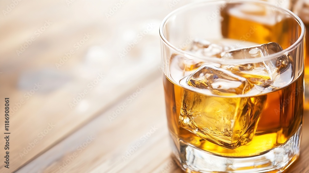 Close Up of Whiskey Glass with Ice Cubes on Rustic Wooden Table : Generative AI Close Up of Whiskey Glass with Ice Cubes on Rustic Wooden Table : Generative AI