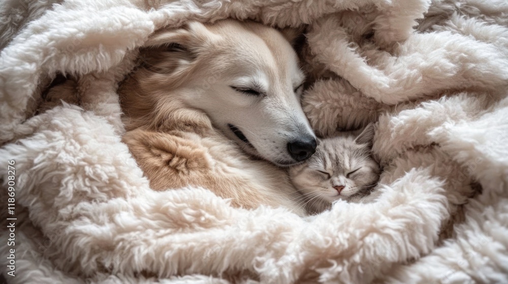 A heartwarming photograph of a fluffy cat and a gentle dog cuddled up together, their bodies intertwined on a cozy blanket A heartwarming photograph of a fluffy cat and a gentle dog cuddled up together, their bodies intertwined on a cozy blanket