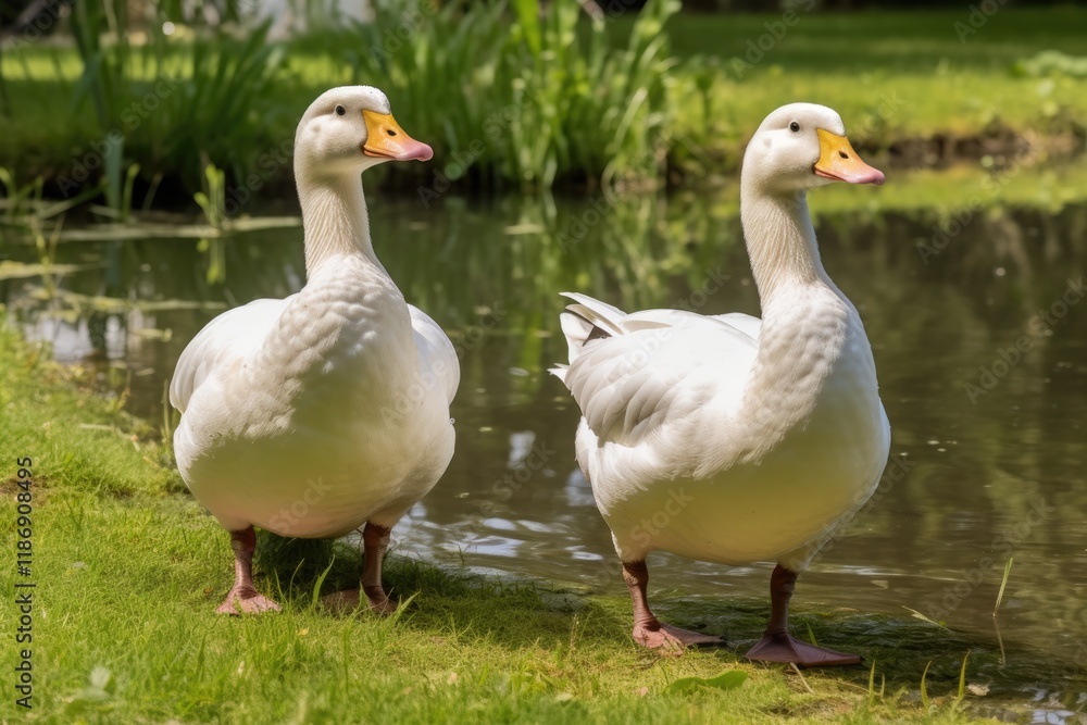 White Pekin Duck Standing by the Pond in Summer - A Natural and Serene Scene of a Single Fowl Fauna Outdoors in a Park Setting White Pekin Duck Standing by the Pond in Summer - A Natural and Serene Scene of a Single Fowl Fauna Outdoors in a Park Setting