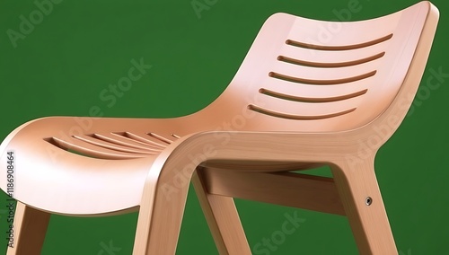 Modern light wood chair detail, slatted seat and back. photo