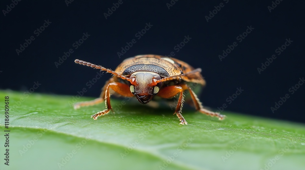 Naklejka premium CloseUp of a Tiny Beetle on a Leaf Shot Against Dark Background : Generative AI