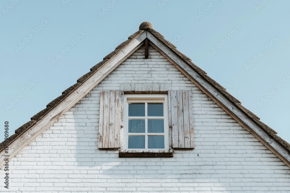 A charming white brick house adorned with rustic wooden shutters stands gracefully beneath a clear blue sky, nestled in a tranquil countryside landscape during a beautiful afternoon A charming white brick house adorned with rustic wooden shutters stands gracefully beneath a clear blue sky, nestled in a tranquil countryside landscape during a beautiful afternoon
