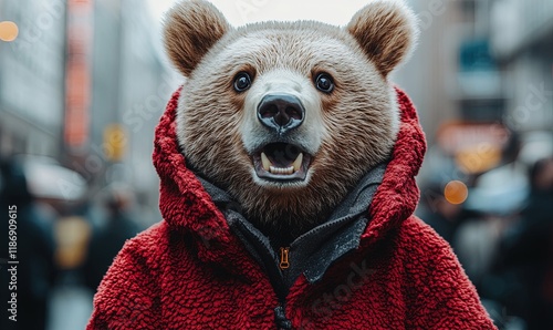 A bear wearing a red hooded jacket stands in an urban setting, blending animal and human elements.