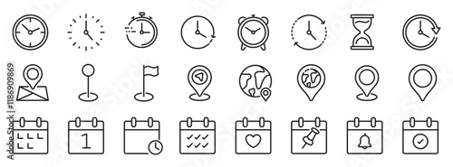Time, date and location icon set in line style, Containing hourglass, pin, stopwatch, calendar, clock, gps point, flag point, globe point and more, vector illustration