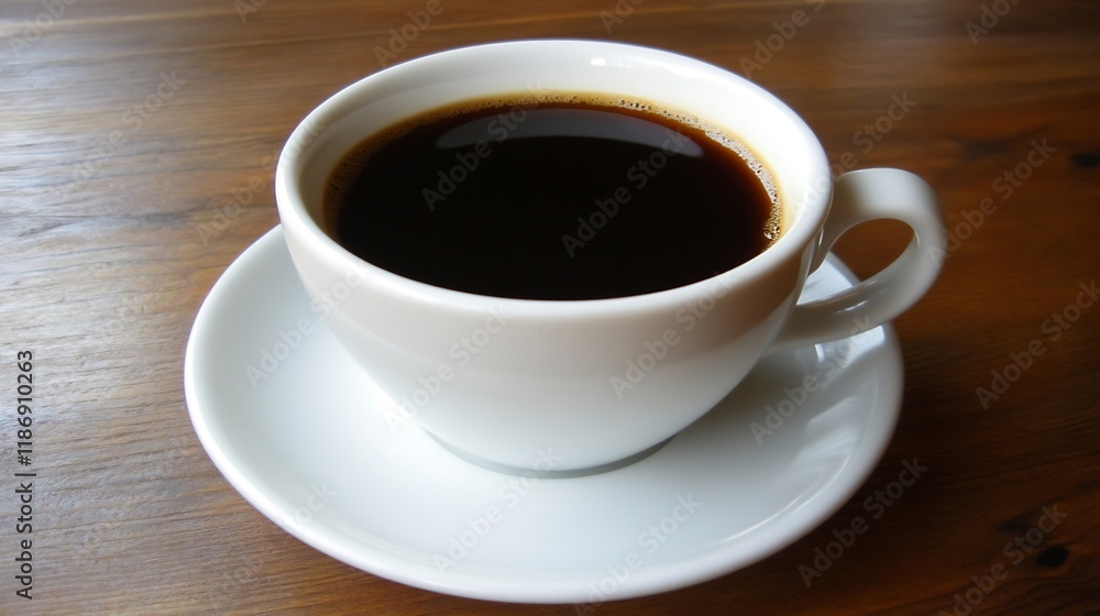 Steaming cup of freshly brewed black coffee on a rustic wooden table : Generative AI