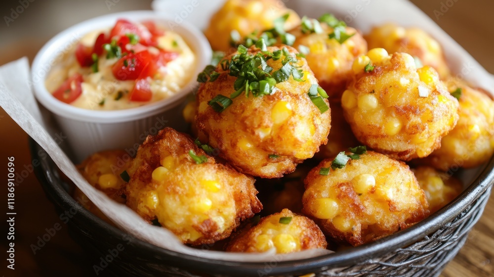 Delicious corn fritters with chives and spicy dip for a savory snack experience Delicious corn fritters with chives and spicy dip for a savory snack experience