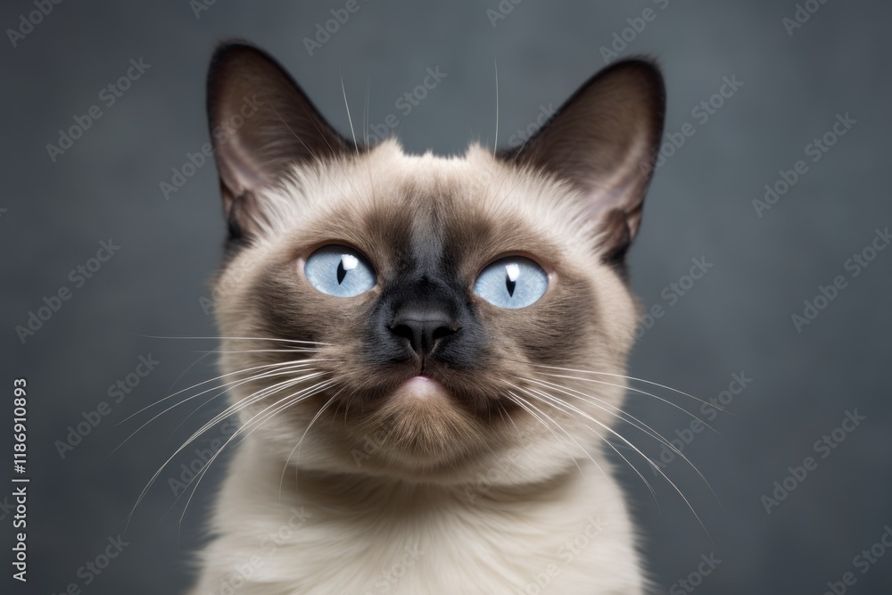 Portrait of a smiling siamese cat isolated on soft gray background Portrait of a smiling siamese cat isolated on soft gray background