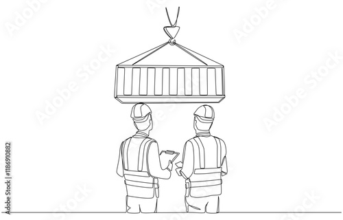 Continuous one line drawing of logistics workers inspecting container box, warehouse and cargo delivery concept, single line art