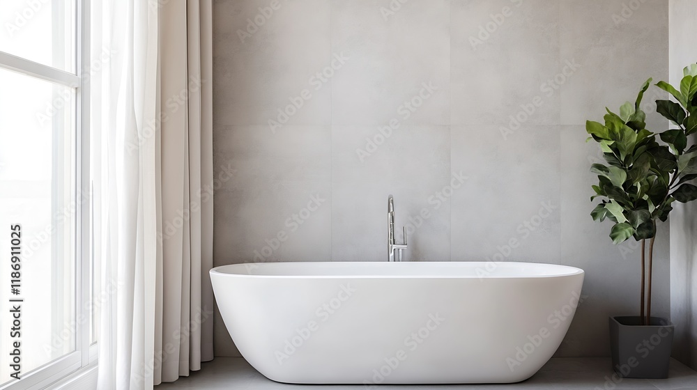 Fototapeta premium Minimalist White Bathroom with Modern Freestanding Bathtub and Elegant Decor : Generative AI