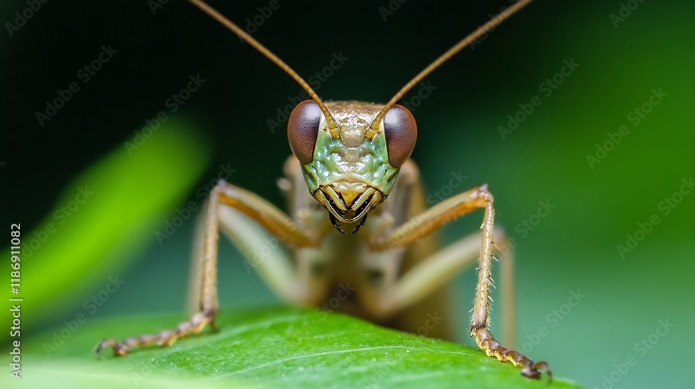 Close Up of a Green Mantis on Leaf in a Natural Outdoor Setting : Generative AI Close Up of a Green Mantis on Leaf in a Natural Outdoor Setting : Generative AI