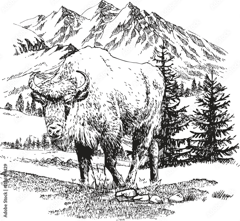 Naklejka premium A detailed, black and white illustration of a yak standing amidst a serene mountainous scene.