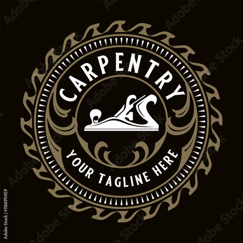 vintage carpenter logo. hand plane and circular saw icon, for carpentry, and home improvement.