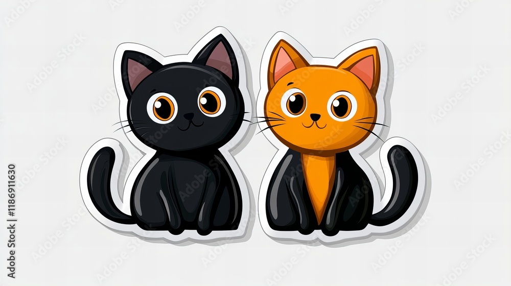 Fototapeta premium Adorable cartoon kittens, one black and one orange, sitting side-by-side. A playful and cute illustration.