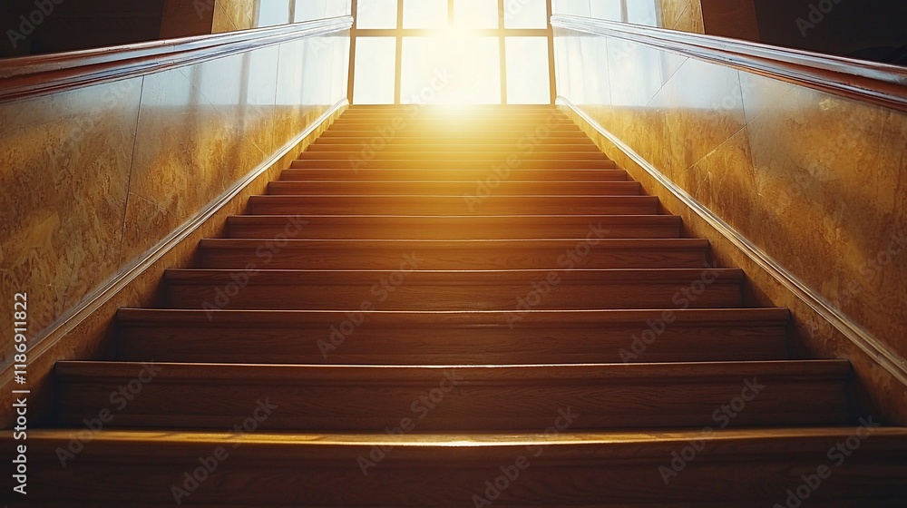 Fototapeta premium Bright sunlight shining through window at top of wooden staircase.