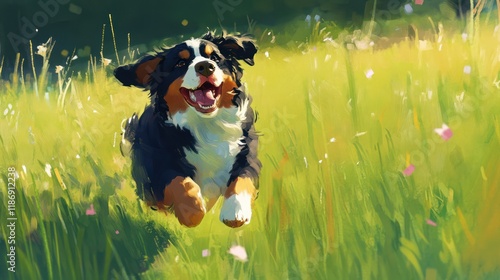 A joyful Bernese Mountain Dog, a large and strong working breed, energetically running through a lush green field