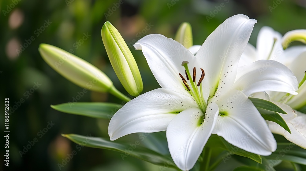 Closeup of White Lily Flower in Full Bloom with Green Buds and Lush Foliage : Generative AI Closeup of White Lily Flower in Full Bloom with Green Buds and Lush Foliage : Generative AI