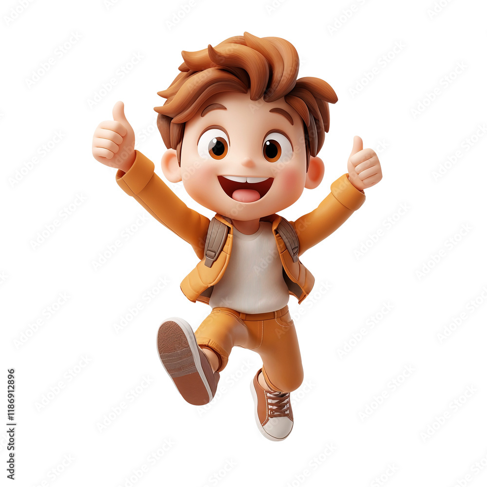 Fototapeta premium Cute red-haired cartoon boy jumping and raising his arms, celebrating. On transparent background.