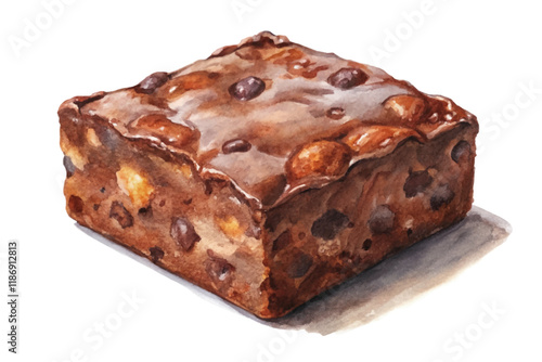 Realistic watercolor brownie, rich chocolate texture, delicious dessert illustration, food art, bakery product.