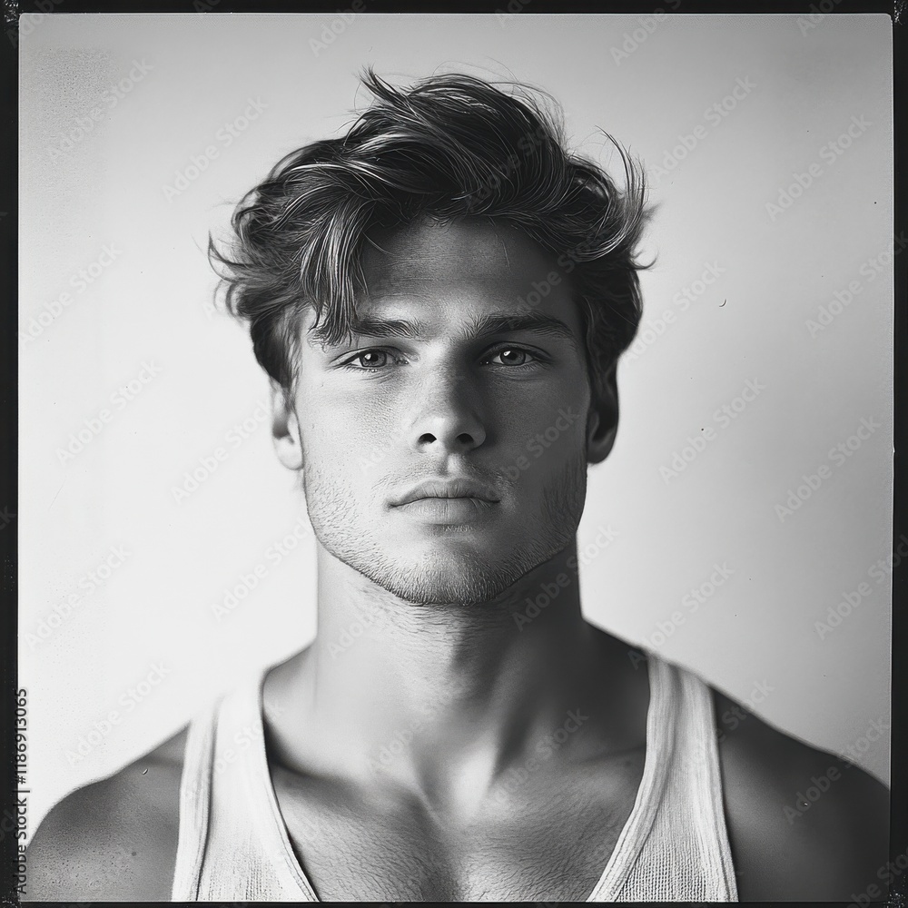 Confident young man with tousled hair poses for a portrait showcasing strong facial features and an expressive gaze Confident young man with tousled hair poses for a portrait showcasing strong facial features and an expressive gaze
