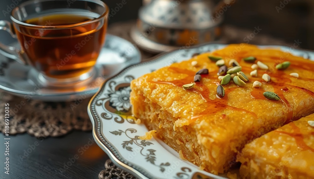 Delicious orange cake slices with nuts and tea Delicious orange cake slices with nuts and tea