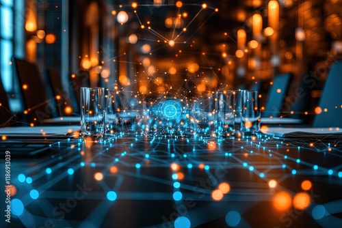 A futuristic dining table setting with glowing network connections, symbolizing technology and connectivity.