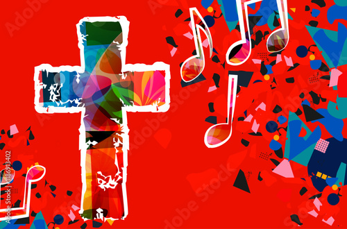 Creative music style template vector illustration, colorful cross with music staff and notes background. Religion themed design for gospel church music and concert, choir singing, Christianity, prayer