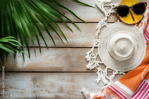 card with Relaxing summer accessories on a wooden table: hat, sunglasses, tropical fruits and a bright towel, copy space